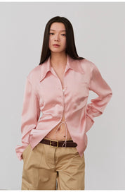 "Mercerized Spring Shadow" Acetate Shirt Women's Hollow String Pleated Slimming Long Sleeve Shirt