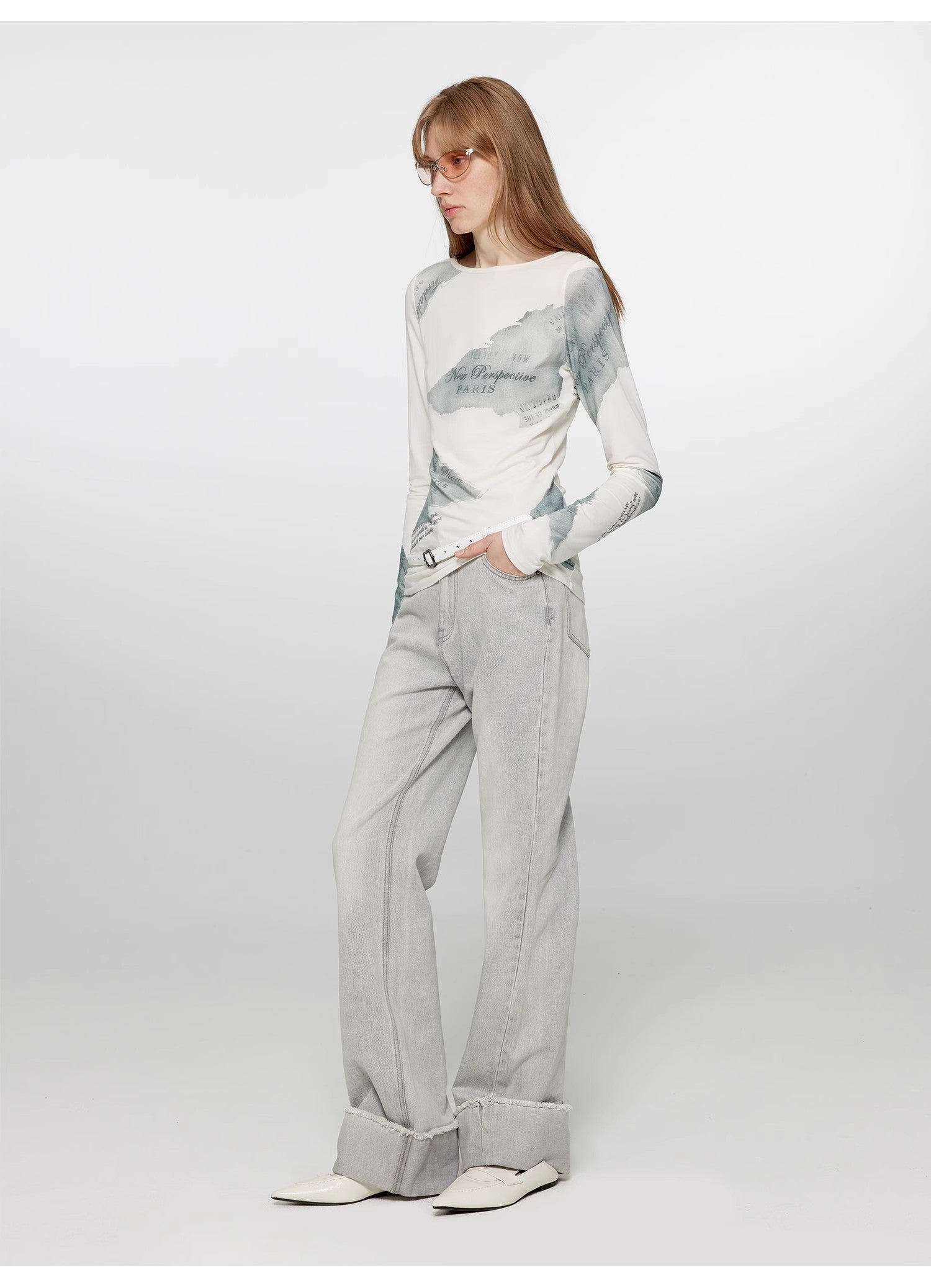 "Letter from Morning and Evening" Silk Cotton Blended/Original Printed One-line Collar Long Sleeve T-Shirt Women's Fitted Top Spring