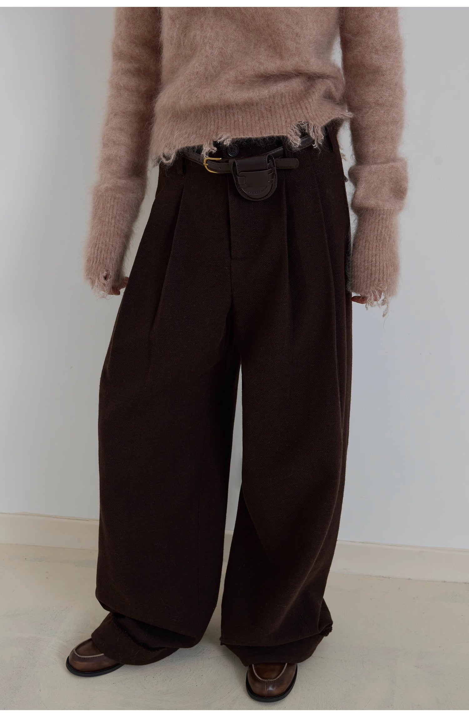 "Commuting Rules" Worsted Wool Blend Waistless Raw Edge Wide Leg Pants Slimming Scimitar Casual Pants