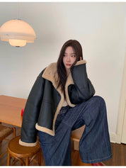 "Corner Coffee" Merino wool sheepskin stand-up collar motorcycle reversible young fur coat for women