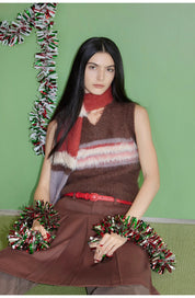 Ambiance Bowler Hat Mohair Wool Blend Vintage Colorblock Knit Hat Scarf Set