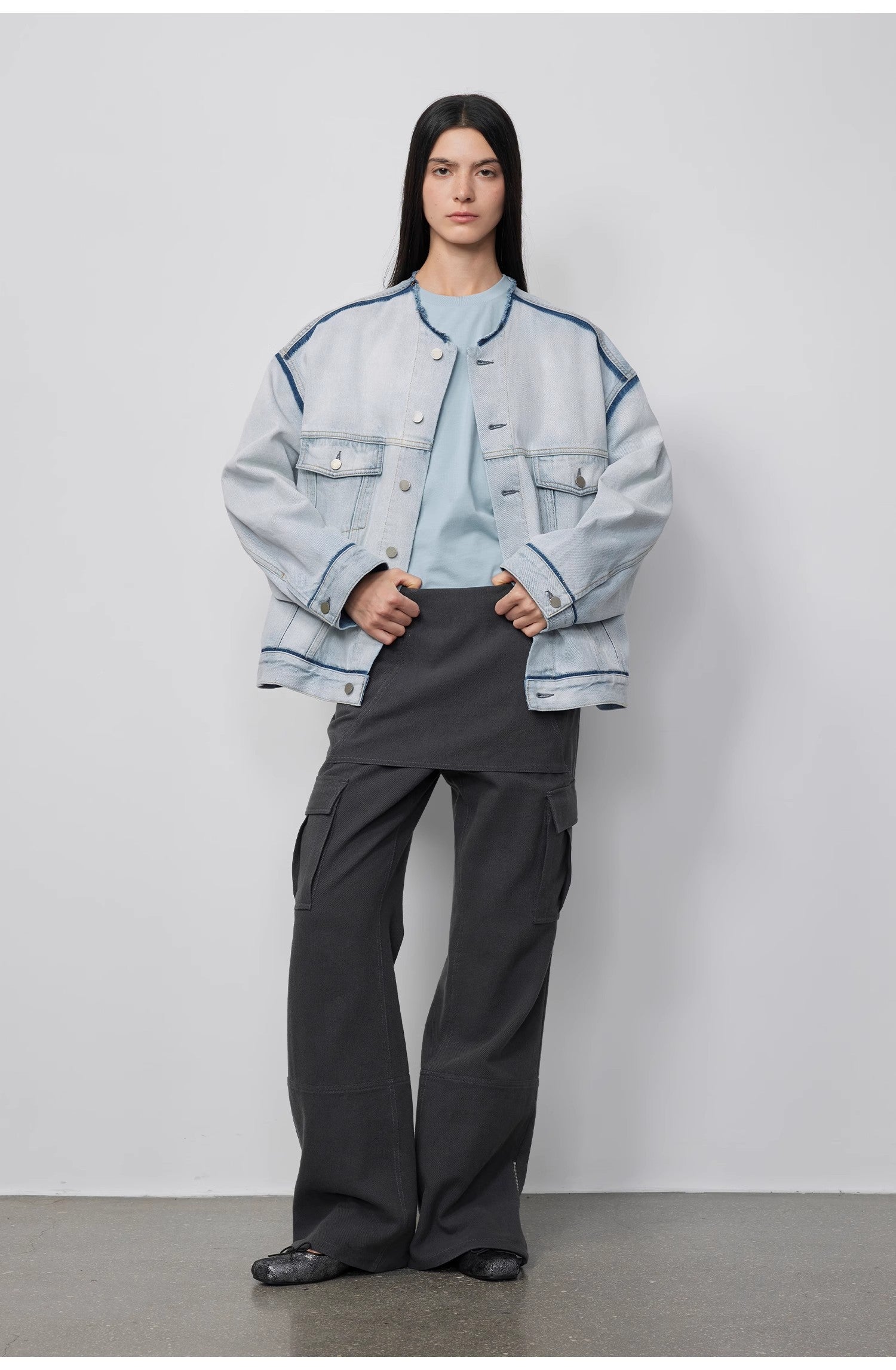 "Free to run away" miu style fake two-piece workwear micro-flared casual pants low-waist slim zipper trousers for women