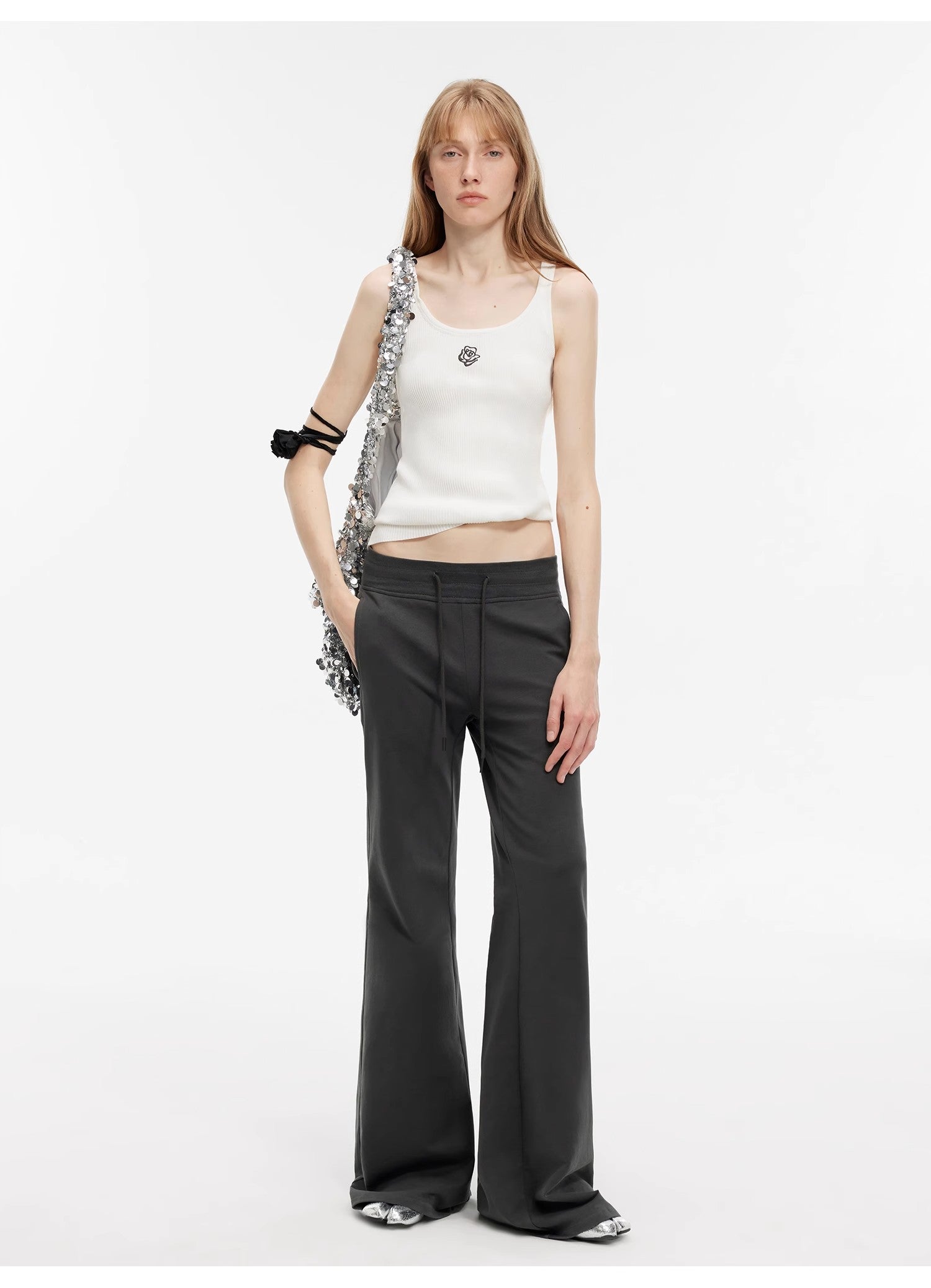 "American High Street" air-spun OE cotton fashionable low-rise fit wide waist drawstring flared pants