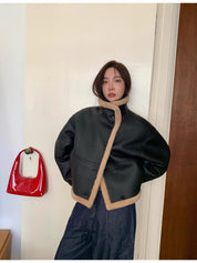 "Corner Coffee" Merino wool sheepskin stand-up collar motorcycle reversible young fur coat for women