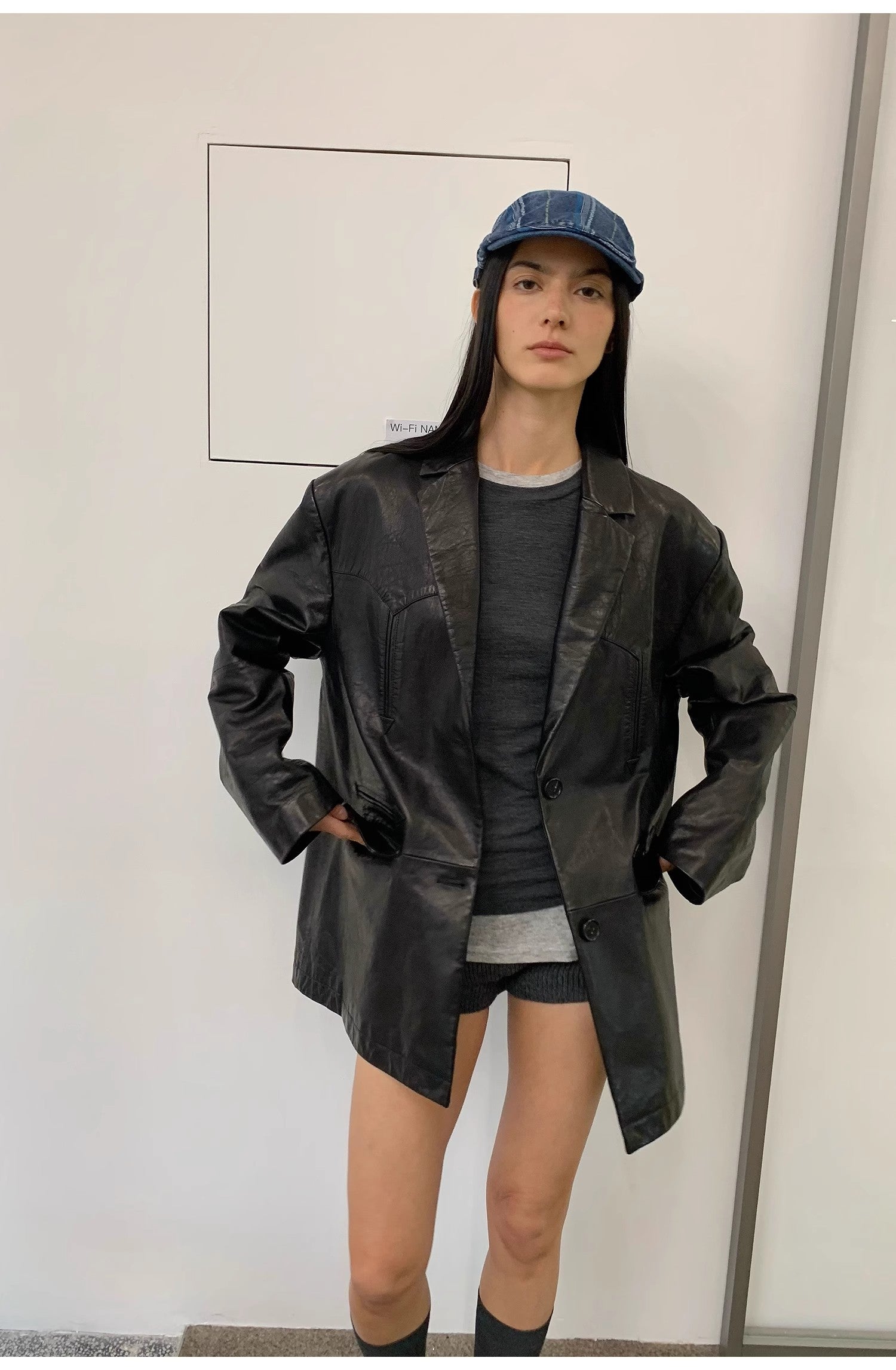 Custom-Dyed Washed Spray-Color Goat Leather Genuine Leather Blazer for Women, Vintage-Finish Leather Jacket “Nostalgic Denim”