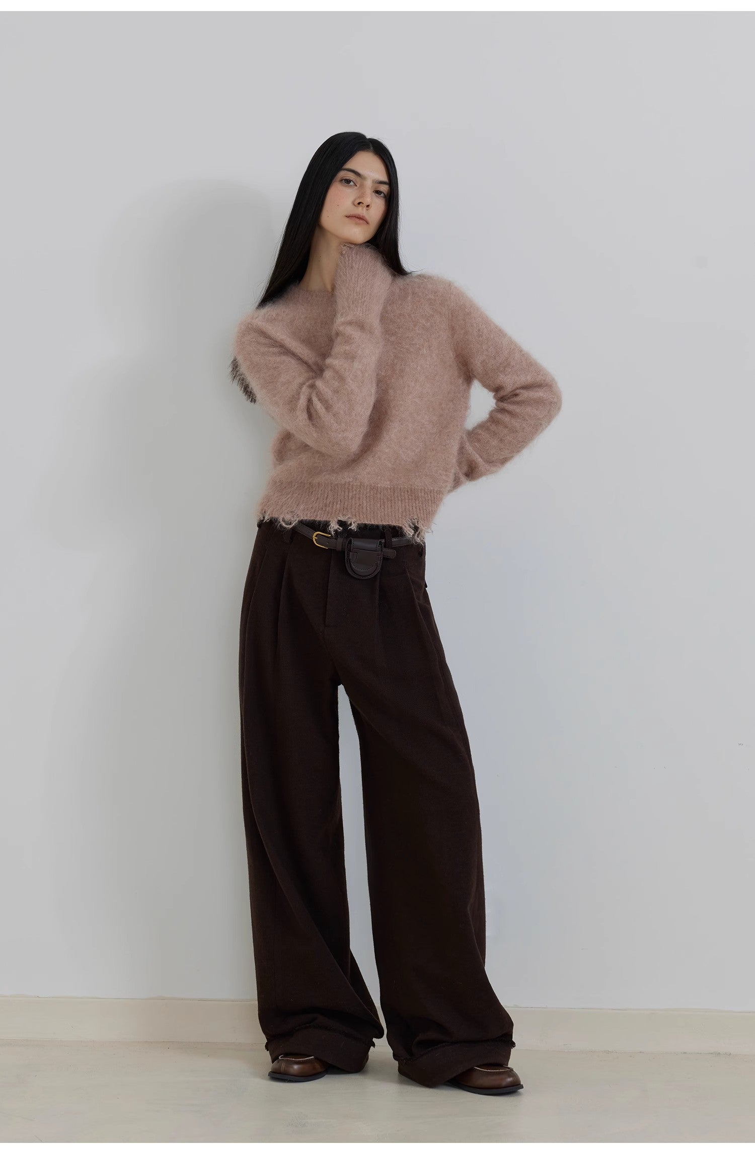 "Commuting Rules" Worsted Wool Blend Waistless Raw Edge Wide Leg Pants Slimming Scimitar Casual Pants