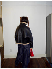 "Corner Coffee" Merino wool sheepskin stand-up collar motorcycle reversible young fur coat for women