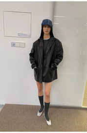 Custom-Dyed Washed Spray-Color Goat Leather Genuine Leather Blazer for Women, Vintage-Finish Leather Jacket “Nostalgic Denim”