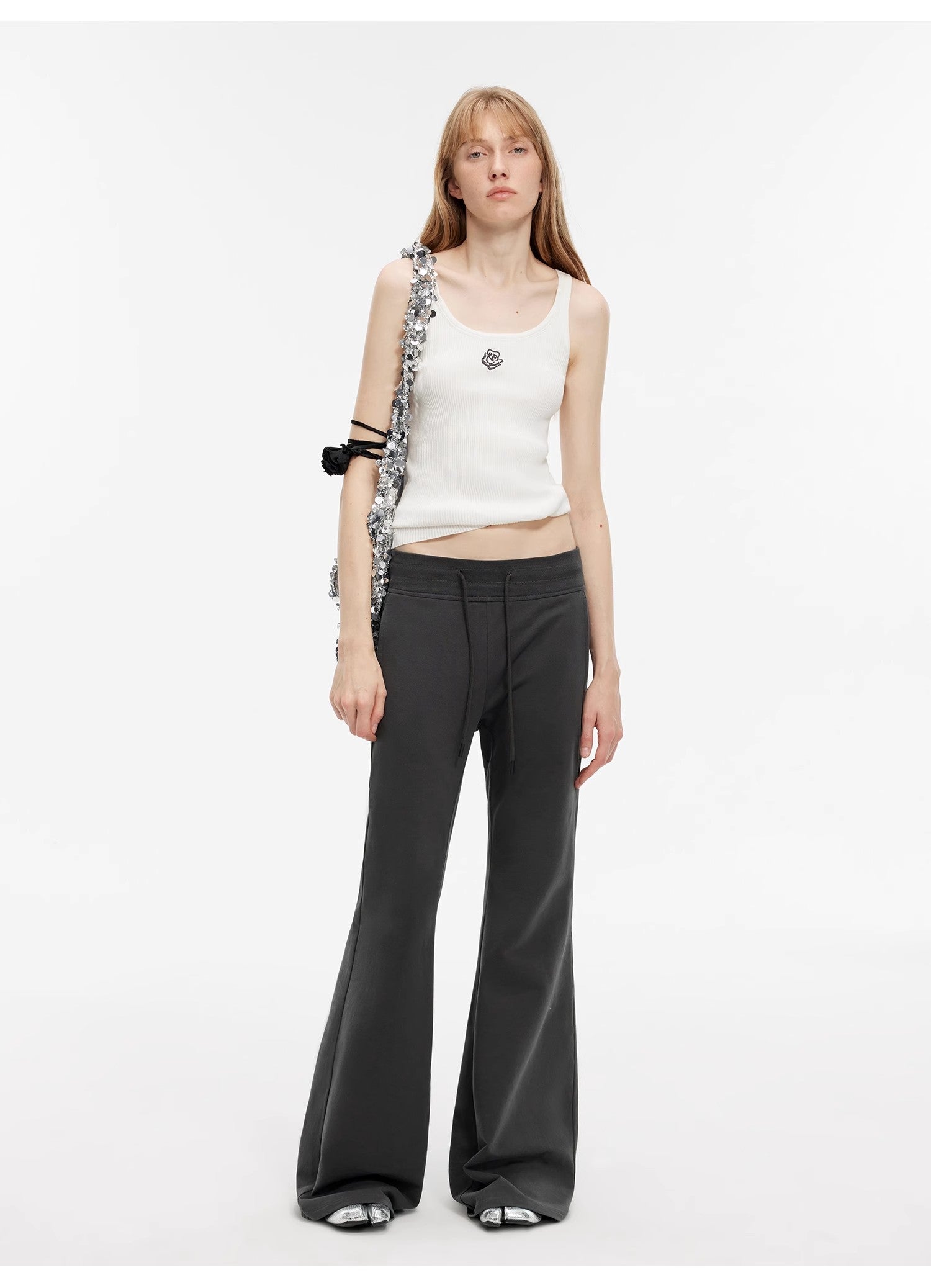 "American High Street" air-spun OE cotton fashionable low-rise fit wide waist drawstring flared pants