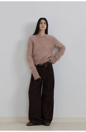 "Commuting Rules" Worsted Wool Blend Waistless Raw Edge Wide Leg Pants Slimming Scimitar Casual Pants