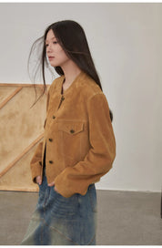 "Sunset Escape"Retro Suede Sheepskin Short Jacket with Structured Shoulders and Round Neck, Genuine Leather Outerwear