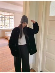 "Yemora" imported merino wool sheepskin small stand collar fur coat for women