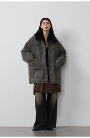 "Kuila" workwear denim fox fur lining detachable parka coat