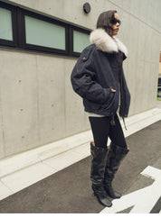 Fireladyfur Women’s Flocked Denim Goose Down Parka with Detachable Fox Fur Collar“City Travel”