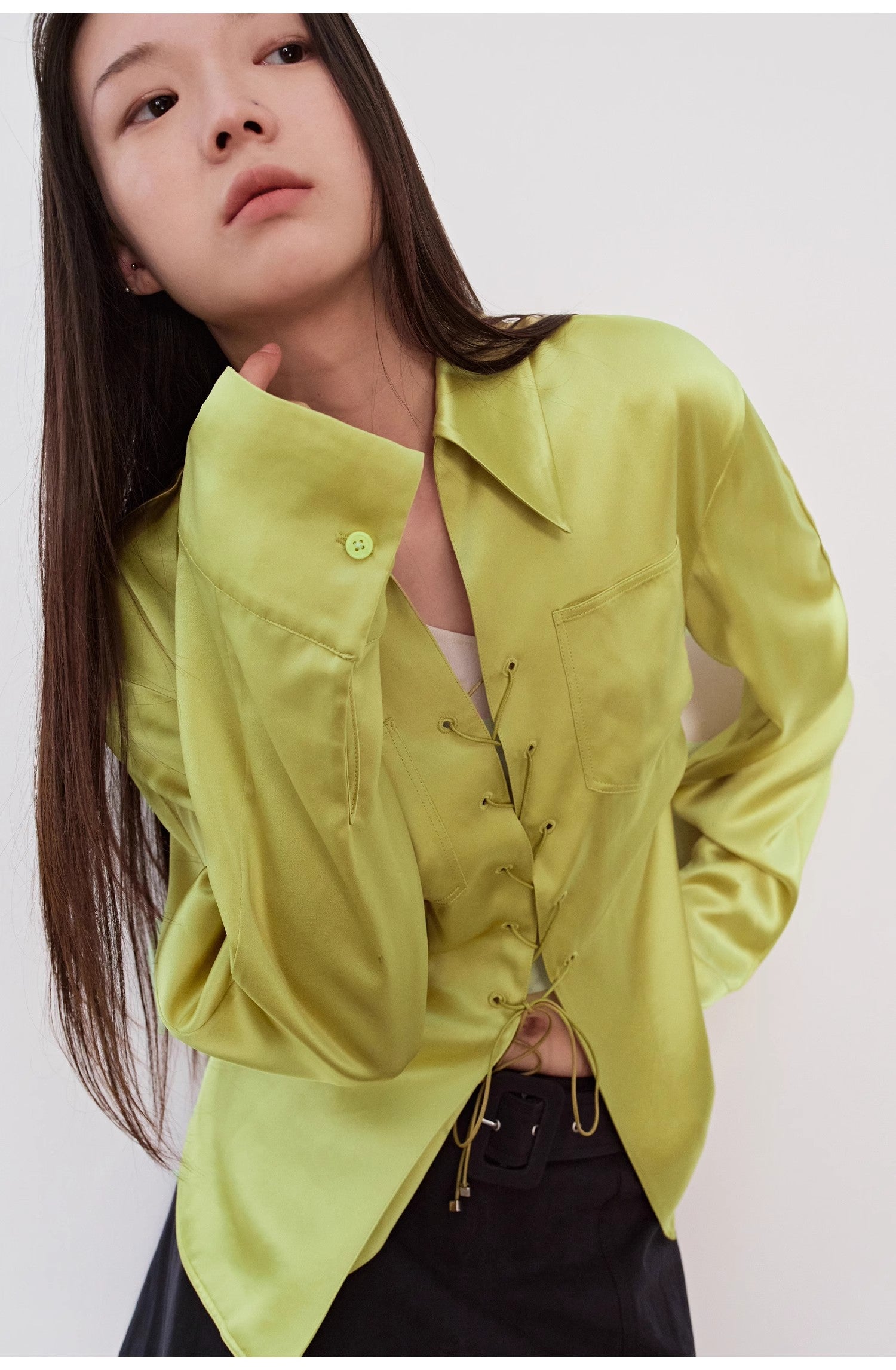 "Mercerized Spring Shadow" Acetate Shirt Women's Hollow String Pleated Slimming Long Sleeve Shirt