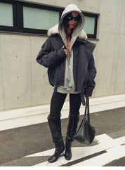 Fireladyfur Women’s Flocked Denim Goose Down Parka with Detachable Fox Fur Collar“City Travel”