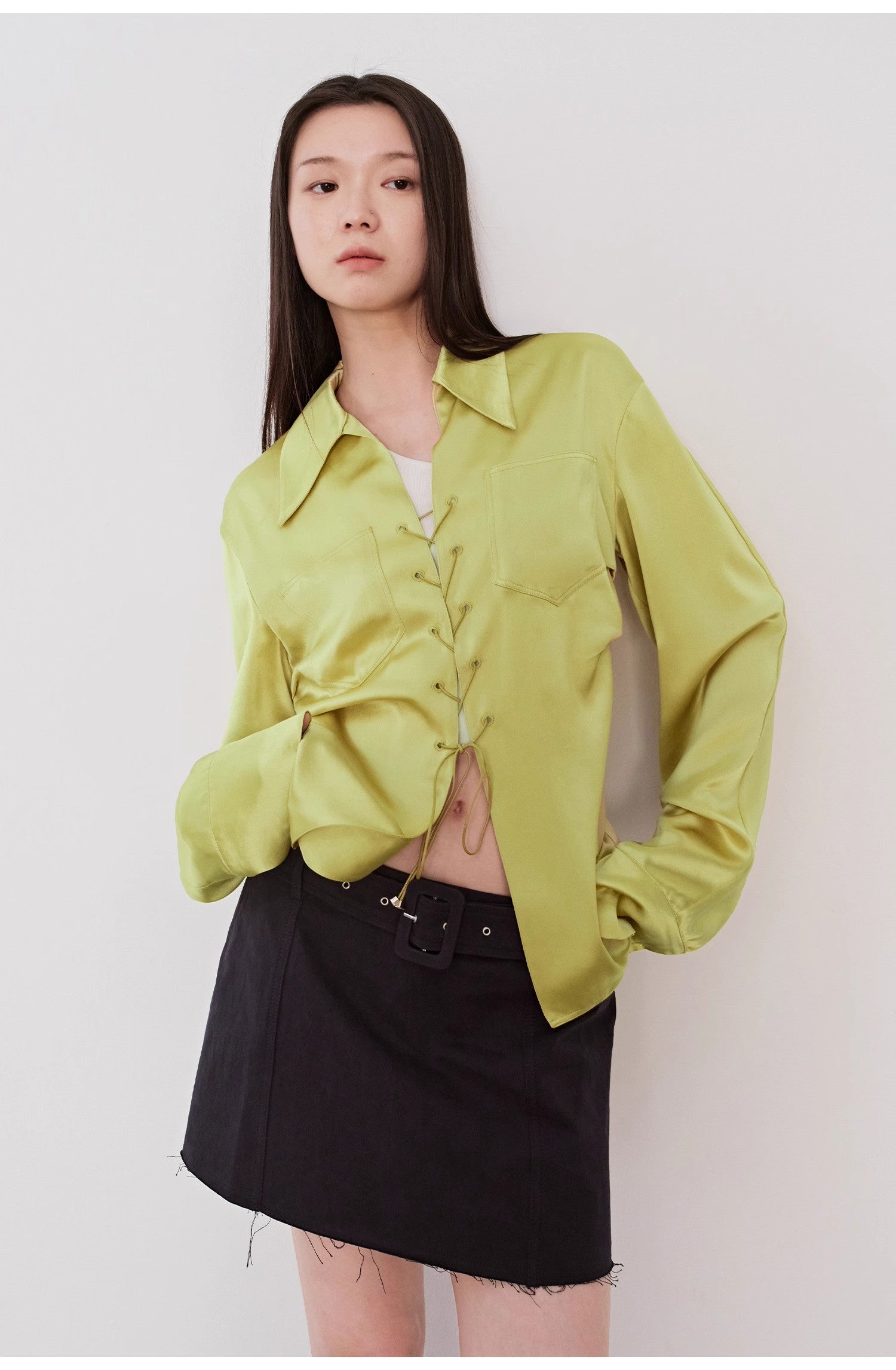 "Mercerized Spring Shadow" Acetate Shirt Women's Hollow String Pleated Slimming Long Sleeve Shirt