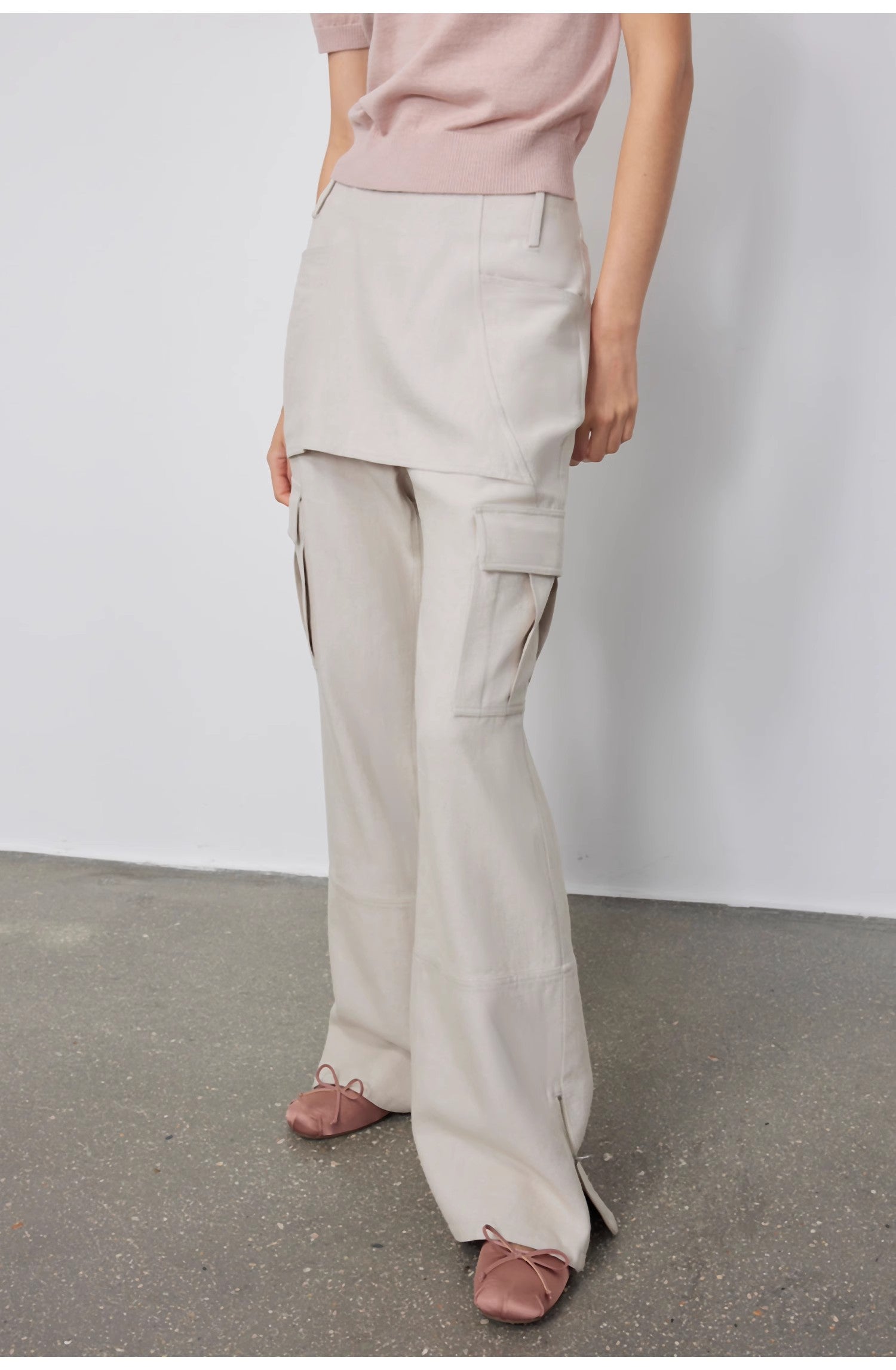 "Free to run away" miu style fake two-piece workwear micro-flared casual pants low-waist slim zipper trousers for women