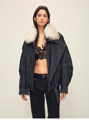 Fireladyfur Women’s Flocked Denim Goose Down Parka with Detachable Fox Fur Collar“City Travel”
