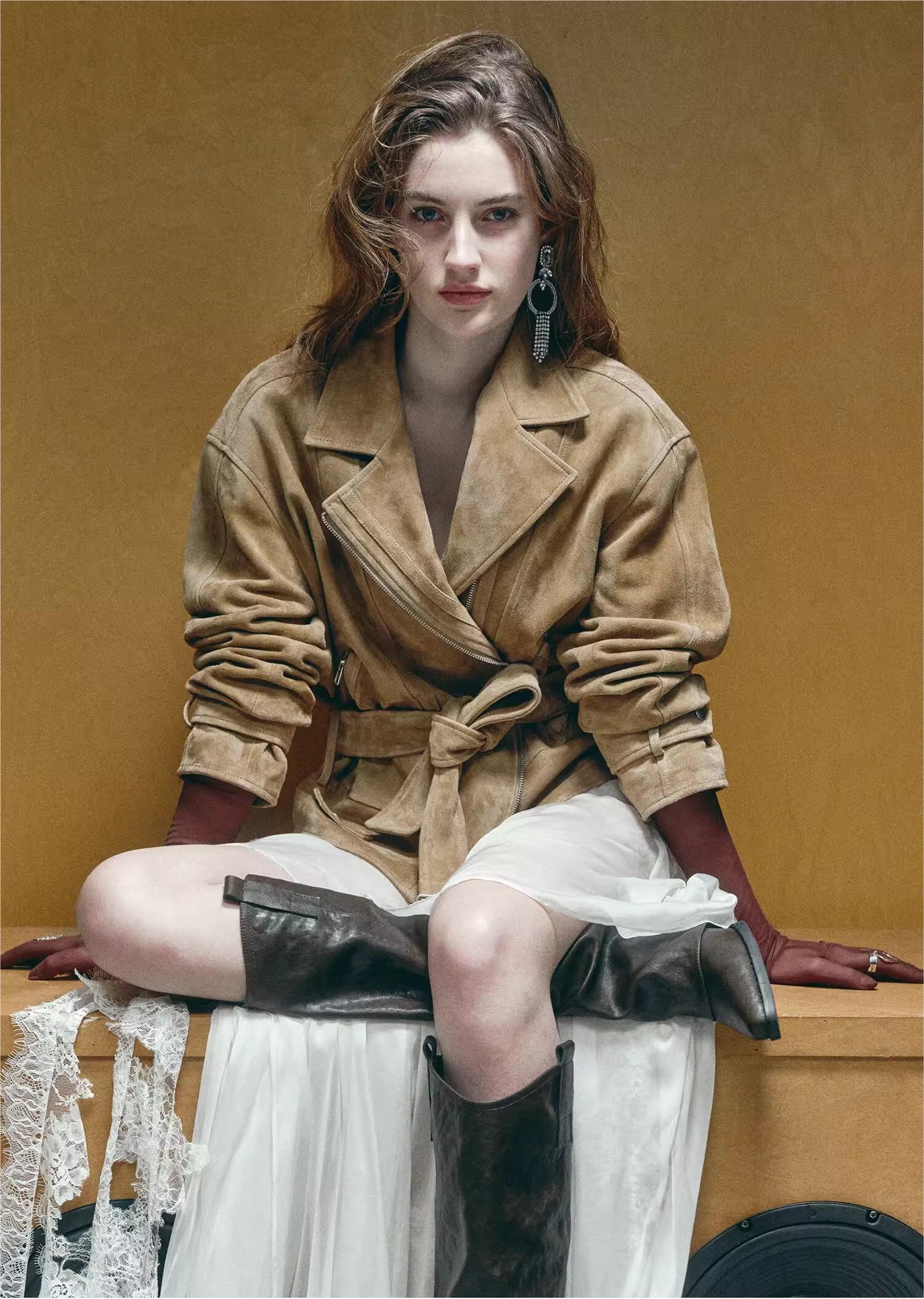 Firelady Fur Women's Sheepskin Motorcycle Jacket - Cinched Waist Biker Coat "Modern Times"