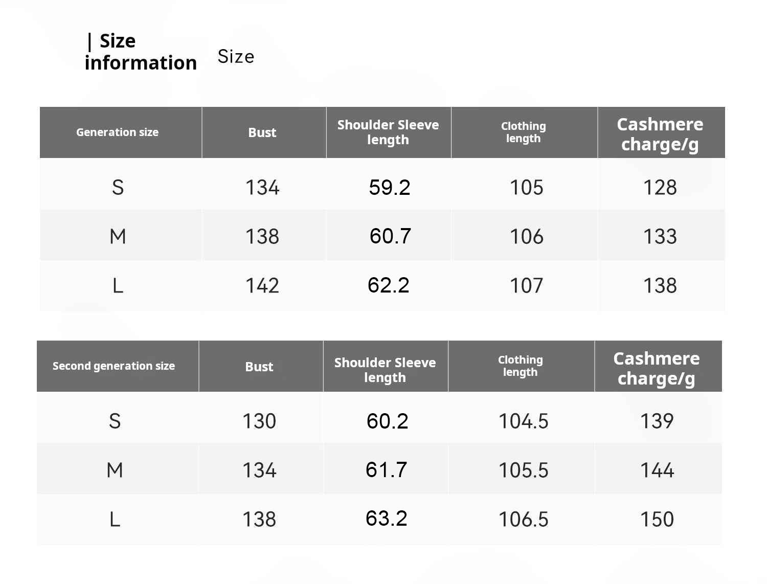 Size chart for clothing with measurements in centimeters and grams.