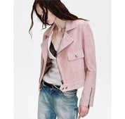 Firelady Fur Women's Motorcycle Leather Jacket - Notched Collar Short Biker Jacket - Movie Era