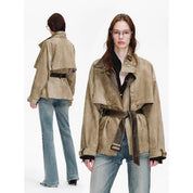 Firelady Fur Women's Belted Trench Coat - Drop Shoulder Short Jacket “Retro Traveler Style”