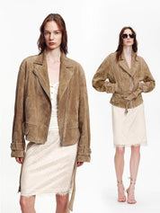 Firelady Fur Women's Sheepskin Motorcycle Jacket - Cinched Waist Biker Coat "Modern Times"