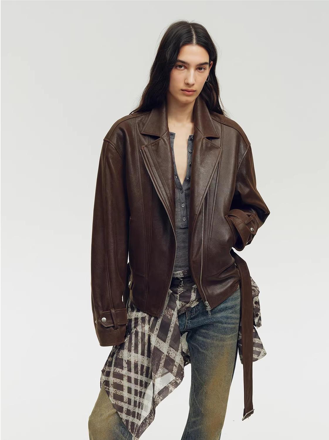 Firelady Fur Women's Sheepskin Motorcycle Jacket - Cinched Waist Biker Coat "Modern Times"