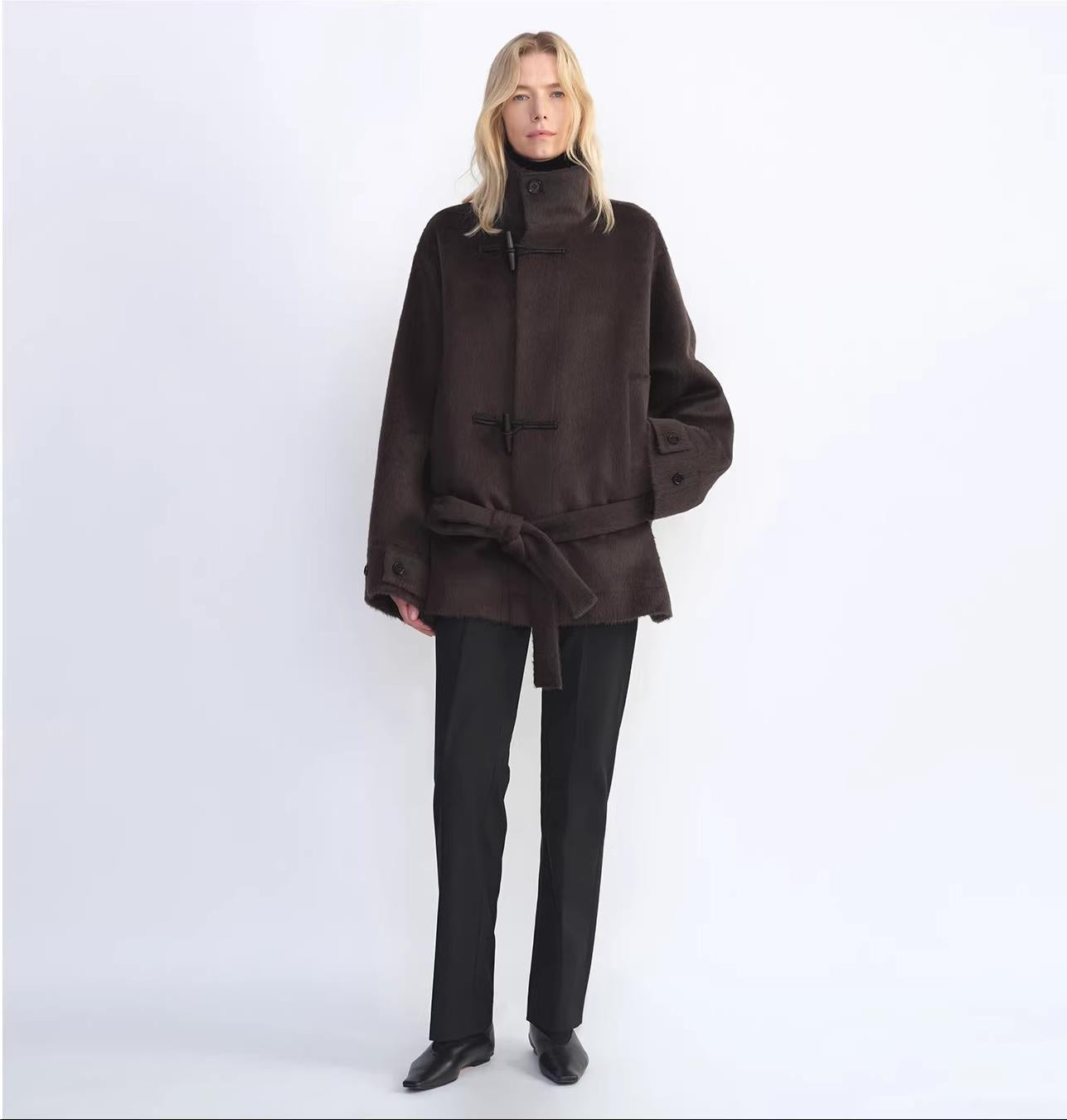 THE ARTM Women's Alpaca Wool Blend Stand Collar Short Coat "Elegant Warmth"