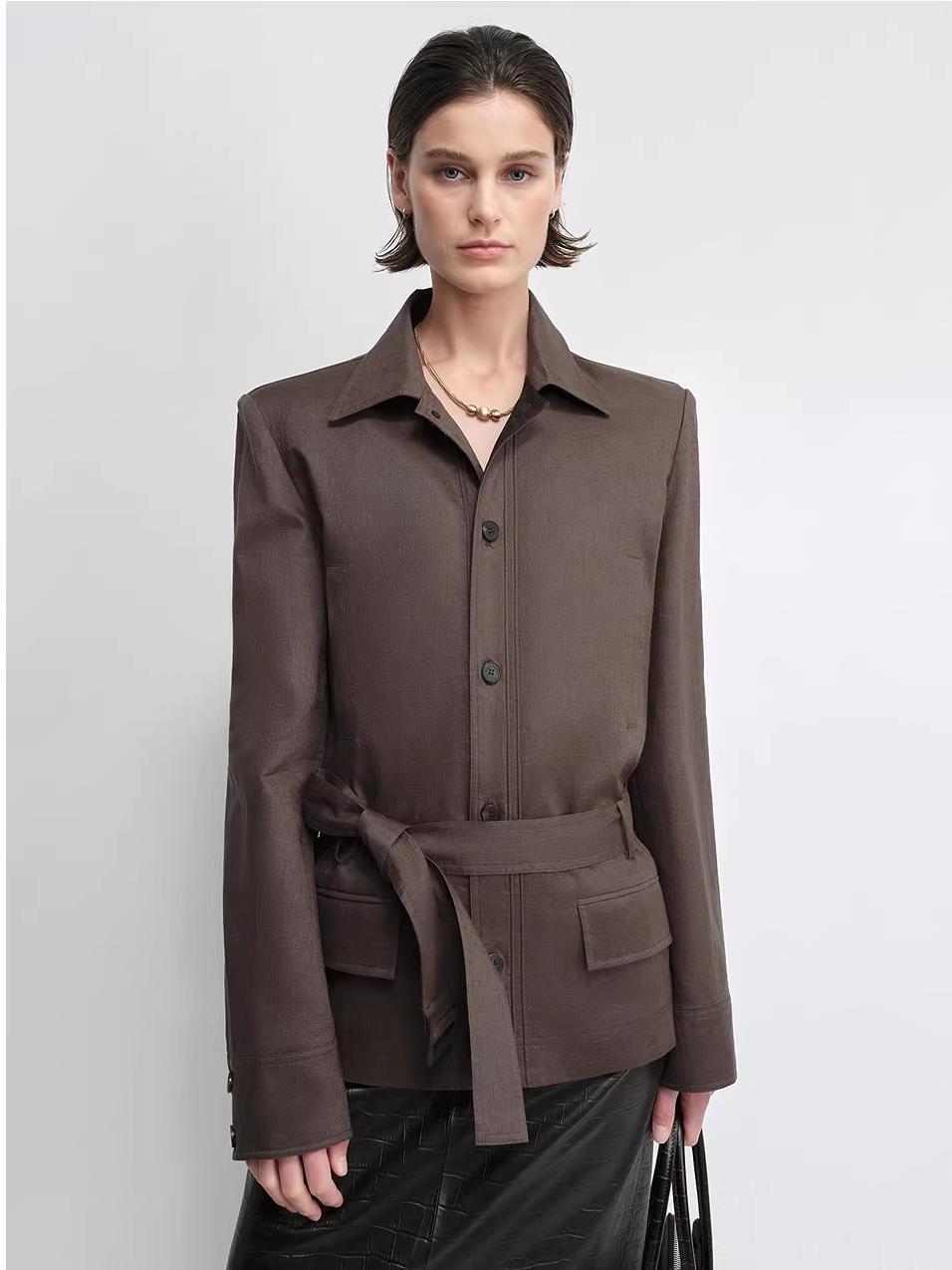 THE ARTM Women's Linen Blazer Jacket with Belt - Slim Fit Short Hunting Jacket for Spring