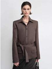 THE ARTM Women's Linen Blazer Jacket with Belt - Slim Fit Short Hunting Jacket for Spring