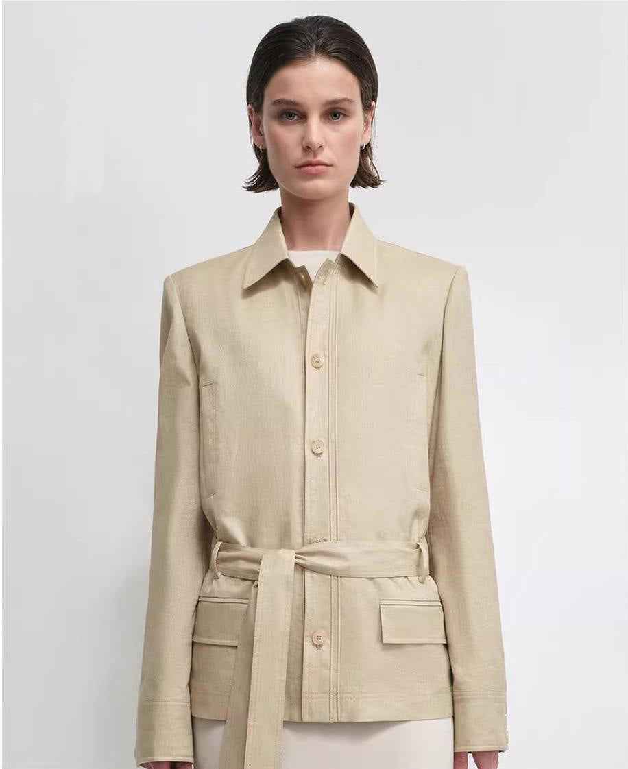 THE ARTM Women's Linen Blazer Jacket with Belt - Slim Fit Short Hunting Jacket for Spring
