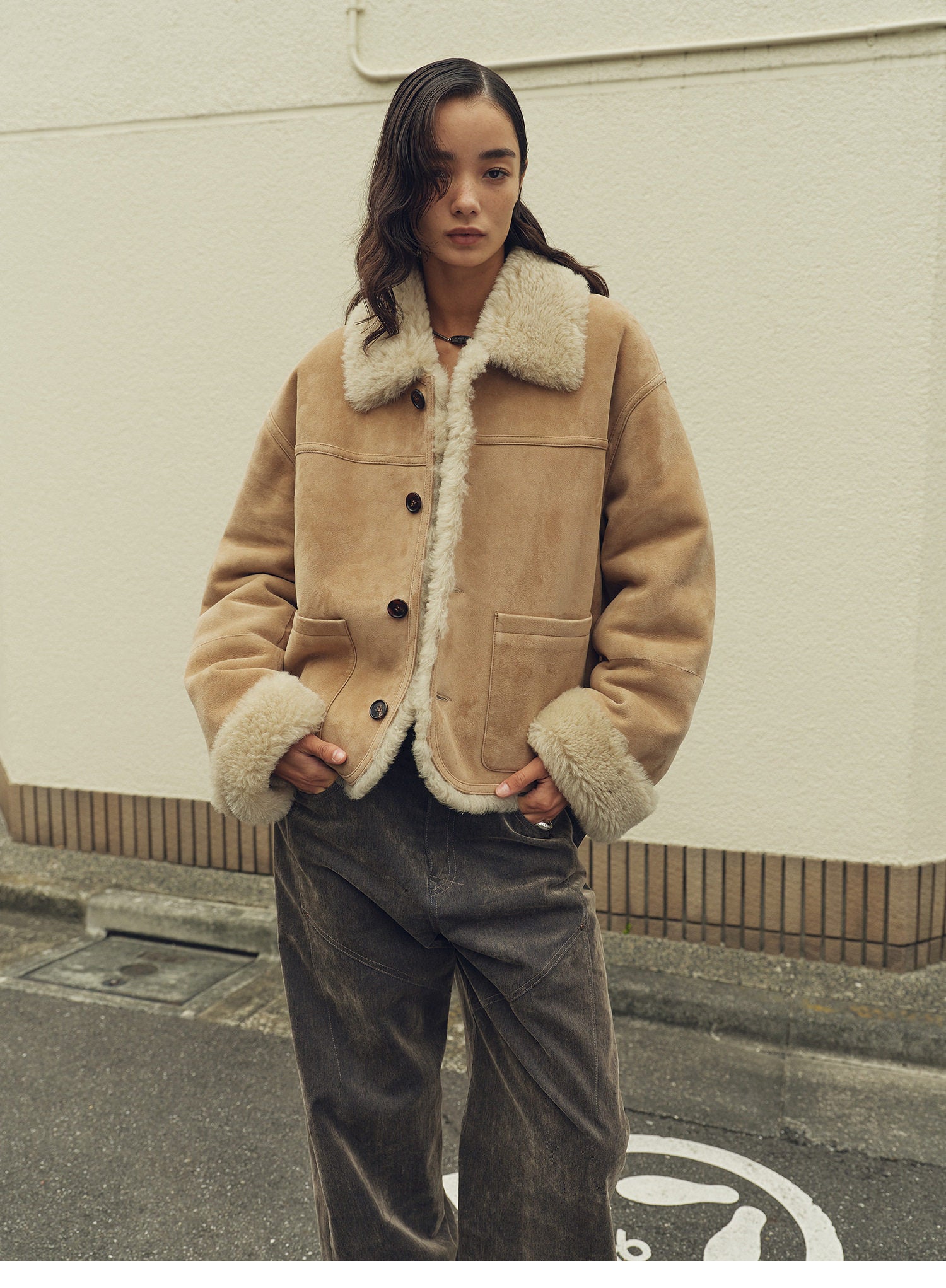 Firelady Fur Women‘s Contrast-Collar Shearling Coat with Shaved Leather Trim & Merino Shearling