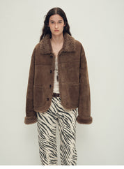 Firelady Fur Women‘s Contrast-Collar Shearling Coat with Shaved Leather Trim & Merino Shearling