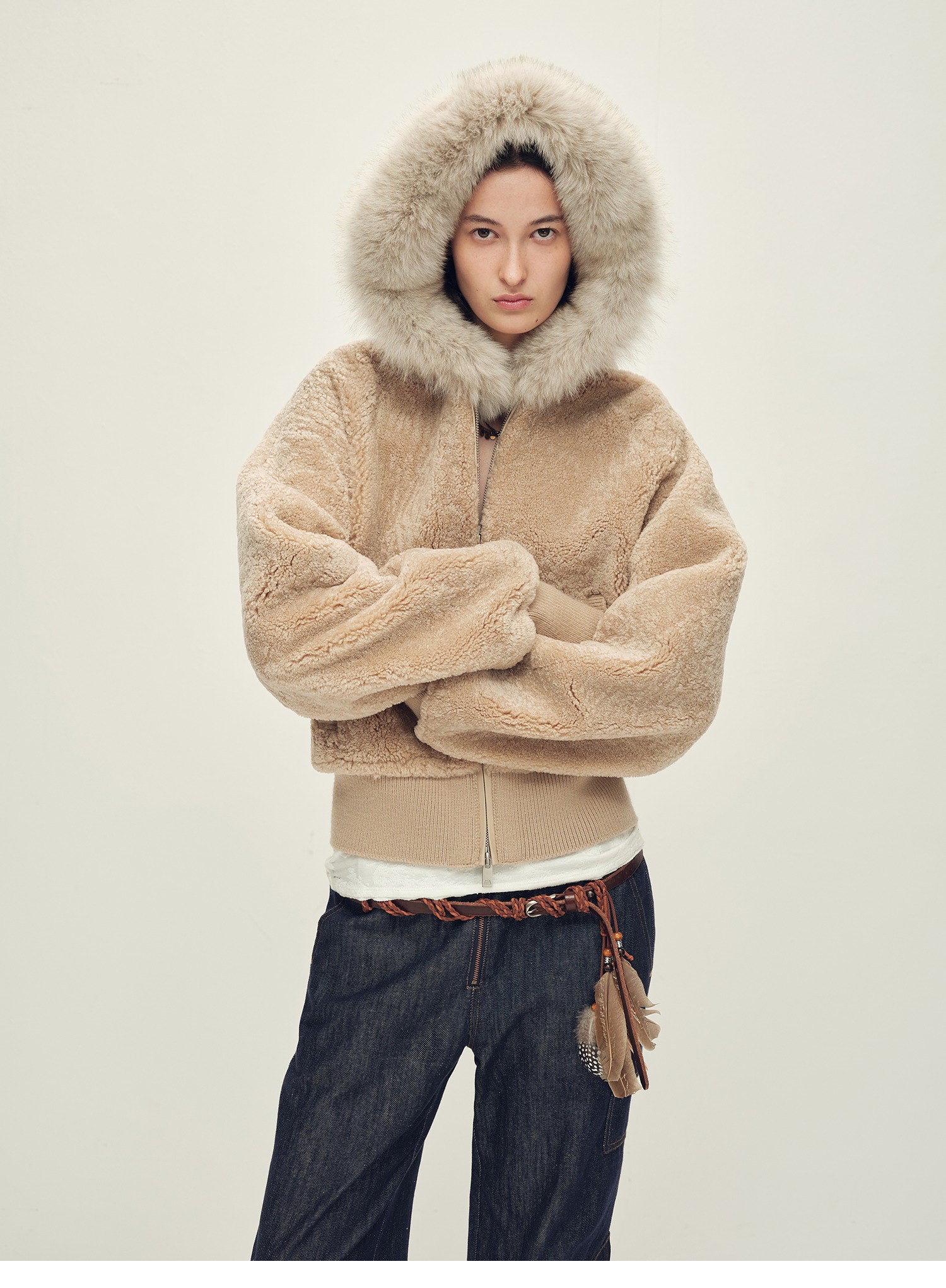 Firelady Fur Women's Merino Shearling Coat | Layered Patch-Dyed Raccoon Fur Collar“Hokkaido Melody”