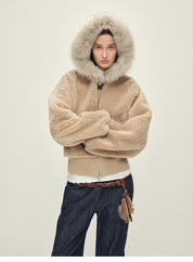 Firelady Fur Women's Merino Shearling Coat | Layered Patch-Dyed Raccoon Fur Collar“Hokkaido Melody”