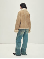 Firelady Fur Women‘s Contrast-Collar Shearling Coat with Shaved Leather Trim & Merino Shearling