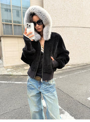 Firelady Fur Women's Merino Shearling Coat | Layered Patch-Dyed Raccoon Fur Collar“Hokkaido Melody”