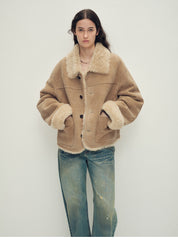 Firelady Fur Women‘s Contrast-Collar Shearling Coat with Shaved Leather Trim & Merino Shearling