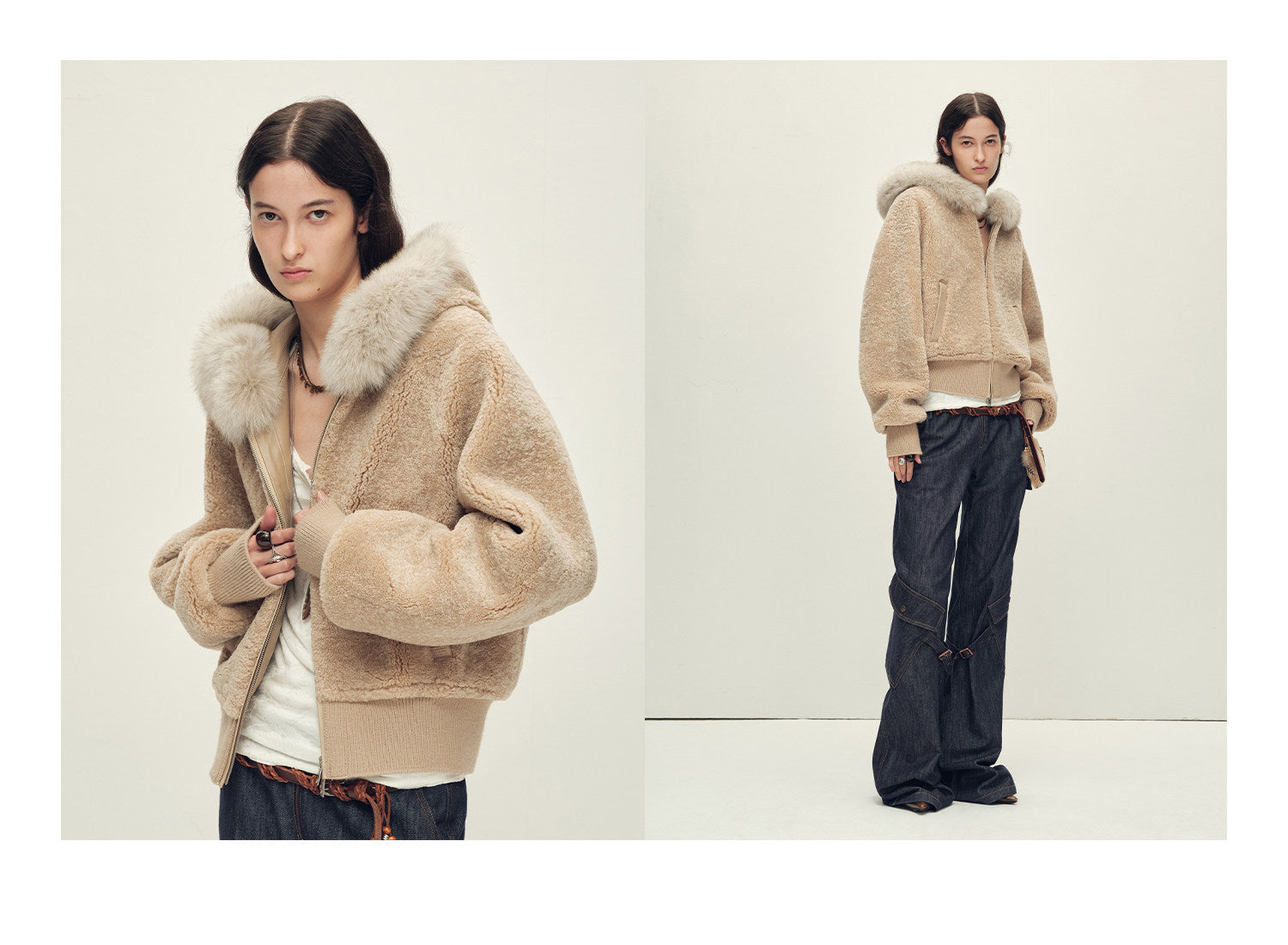 Firelady Fur Women's Merino Shearling Coat | Layered Patch-Dyed Raccoon Fur Collar“Hokkaido Melody”