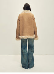 Firelady Fur Women's Shearling Coat | Merino Wool & Curly Toca Trim, Imported Two-Tone Plush Shawl Collar“Galaxy Gala”