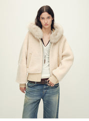 Firelady Fur Women's Merino Shearling Coat | Layered Patch-Dyed Raccoon Fur Collar“Hokkaido Melody”