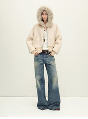Firelady Fur Women's Merino Shearling Coat | Layered Patch-Dyed Raccoon Fur Collar“Hokkaido Melody”