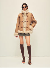 Firelady Fur Women's Shearling Coat | Merino Wool & Curly Toca Trim, Imported Two-Tone Plush Shawl Collar“Galaxy Gala”