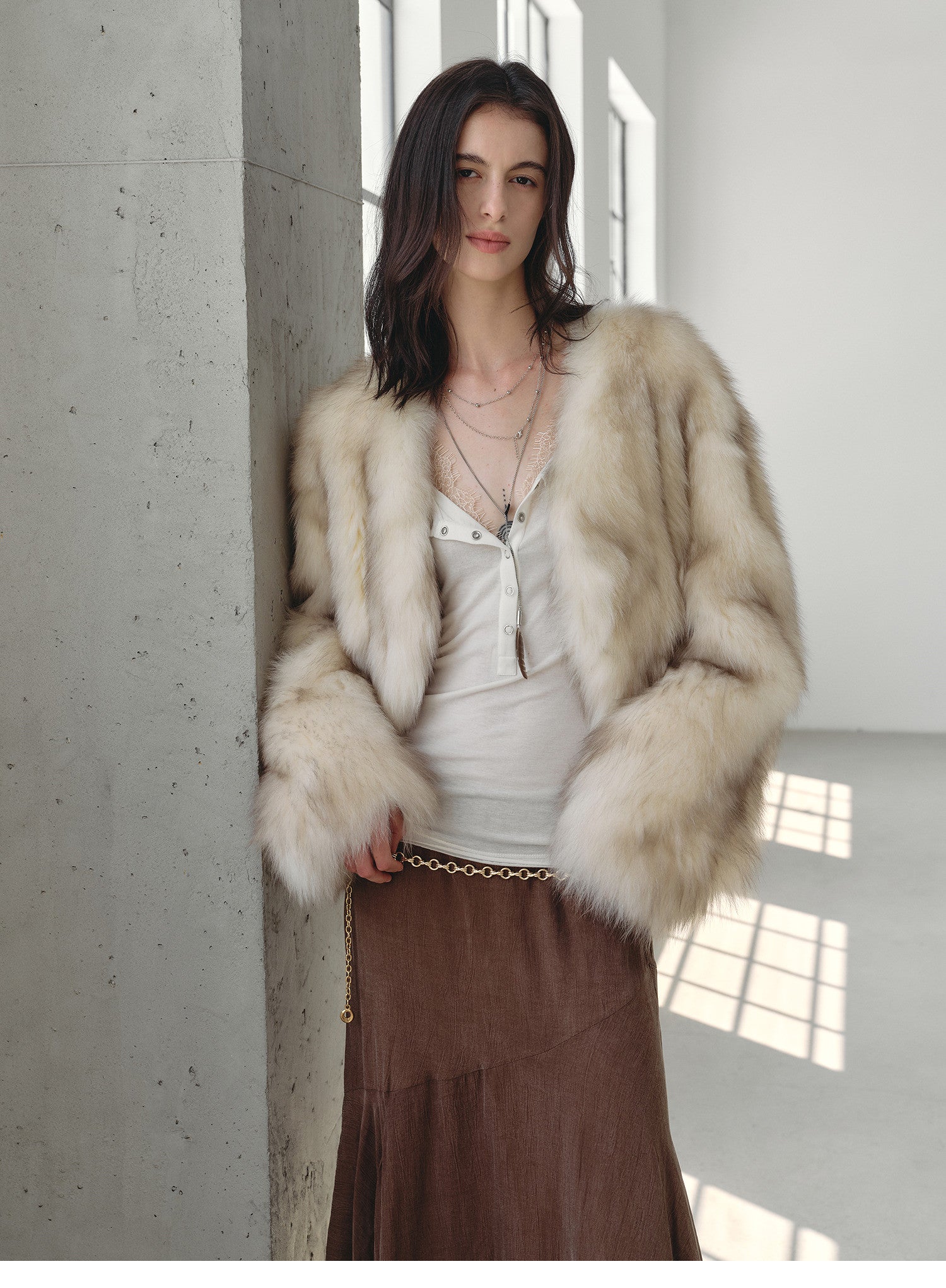 Firelady Fur Women‘s Fox Fur Coat with Hand-Sprayed Ombré Finish | Saga Furs, V-Neck Design"Gone with the Wind"