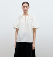 "Iceland Diary" neckline pleated design round neck tie puff sleeve short sleeve shirt for women