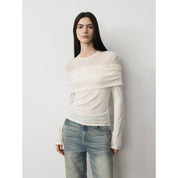 "Modern Tricks" personalized layered Tencel wool fake two-piece splicing one-shoulder versatile knitted top