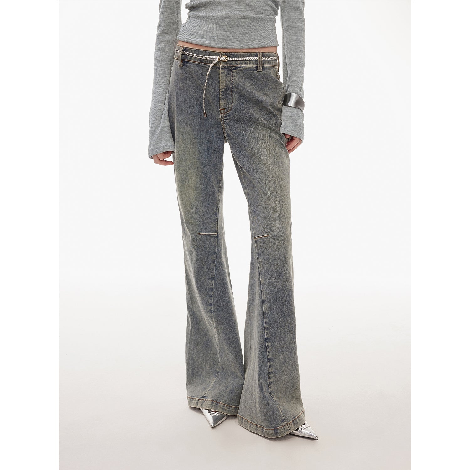 “Denimism”Fashionable Heavy Industry Washed Three-dimensional Versatile Slimming Slightly Flared Denim Trousers