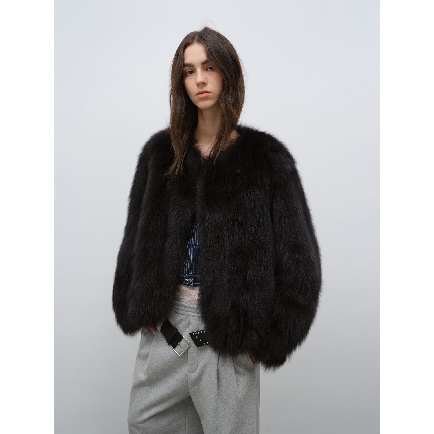 Morning Mist Manor Urban Chic Chicken Heart Collar Drop Shoulder Fox Fur Coat